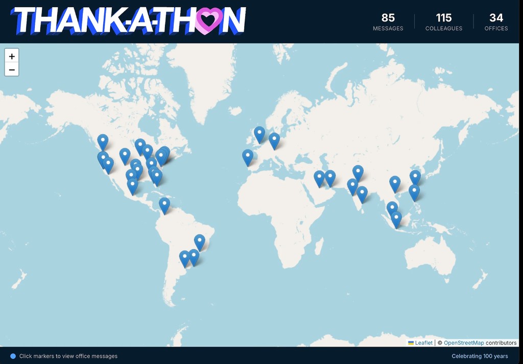 Thank-a-thon map prototype showing office markers across a world map with message and colleague counts